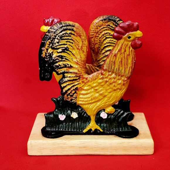 Vintage Cast Iron Pair of Roosters Chicken Letter Holder Napkin Holder Door Stop - Picture 1 of 10